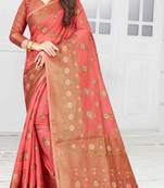 Pink woven cotton saree with blouse