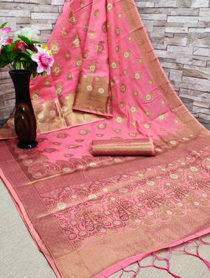 Pink woven cotton saree with blouse 2