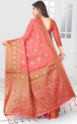 Pink woven cotton saree with blouse 3