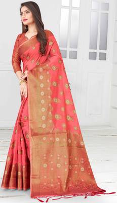Pink woven cotton saree with blouse 4