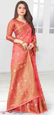Pink woven cotton saree with blouse 5