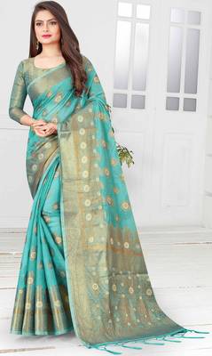 Turquoise woven cotton saree with blouse 1