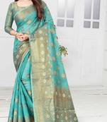 Turquoise woven cotton saree with blouse