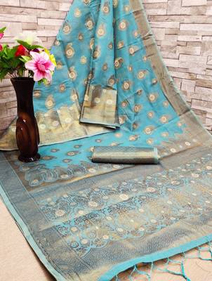 Turquoise woven cotton saree with blouse 2