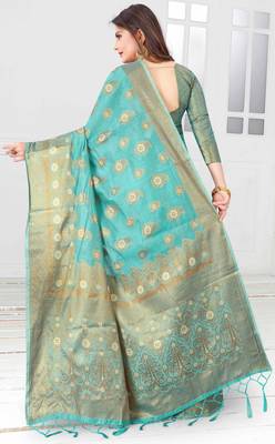 Turquoise woven cotton saree with blouse 3