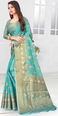 Turquoise woven cotton saree with blouse 4
