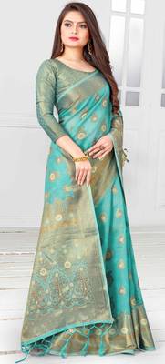 Turquoise woven cotton saree with blouse 5