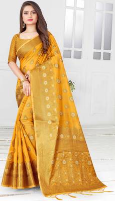 Yellow woven cotton saree with blouse 1