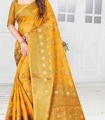 Yellow woven cotton saree with blouse