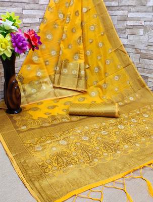 Yellow woven cotton saree with blouse 2