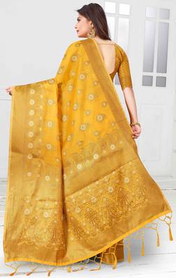 Yellow woven cotton saree with blouse 3