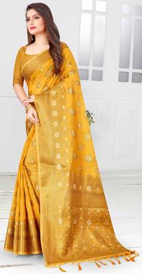 Yellow woven cotton saree with blouse 4