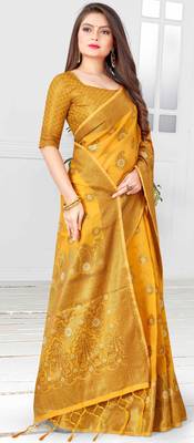 Yellow woven cotton saree with blouse 5