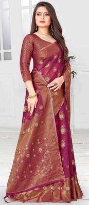 Purple woven cotton saree with blouse 5