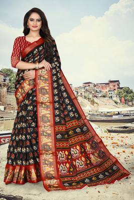Black printed cotton silk saree with blouse 1