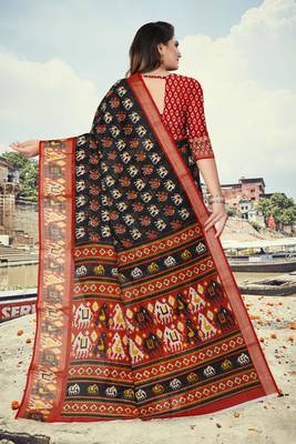 Black printed cotton silk saree with blouse 3