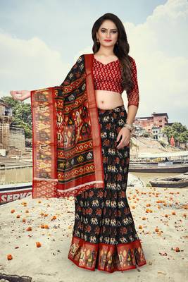 Black printed cotton silk saree with blouse 4