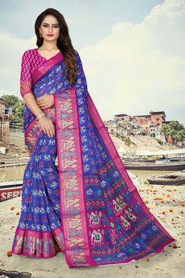 Blue printed cotton silk saree with blouse 1