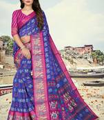 Blue printed cotton silk saree with blouse