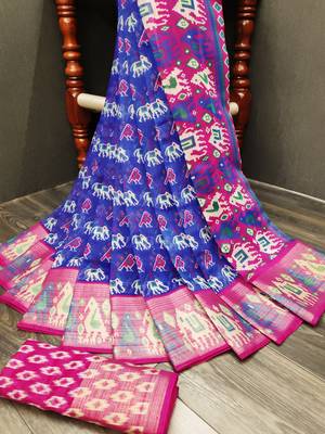 Blue printed cotton silk saree with blouse 2