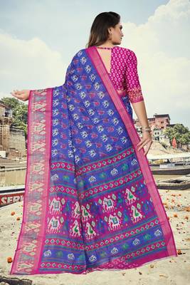 Blue printed cotton silk saree with blouse 3