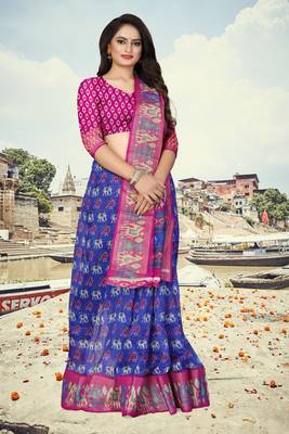 Blue printed cotton silk saree with blouse 4