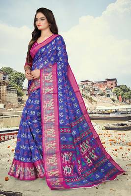 Blue printed cotton silk saree with blouse 5