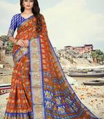 Orange printed cotton silk saree with blouse
