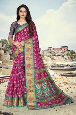 Pink printed cotton silk saree with blouse 1