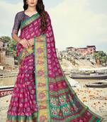 Pink printed cotton silk saree with blouse