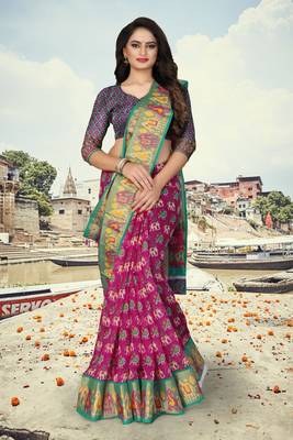 Pink printed cotton silk saree with blouse 4