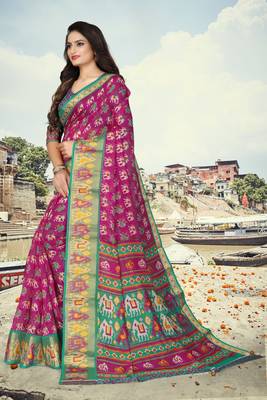 Pink printed cotton silk saree with blouse 5