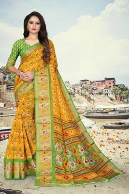 Yellow printed cotton silk saree with blouse 1