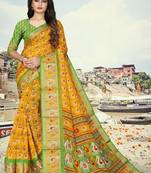 Yellow printed cotton silk saree with blouse
