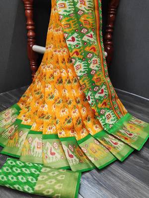 Yellow printed cotton silk saree with blouse 2