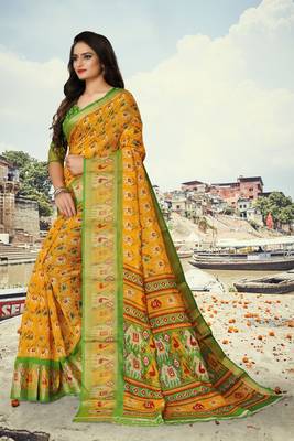 Yellow printed cotton silk saree with blouse 5