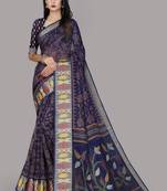 Blue printed cotton silk saree with blouse