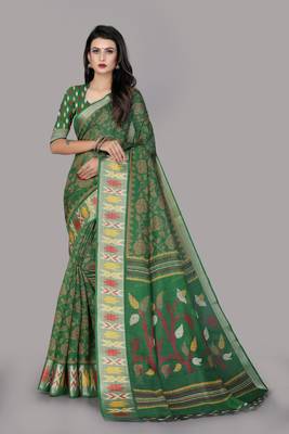 Green printed cotton silk saree with blouse 1