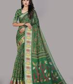 Green printed cotton silk saree with blouse