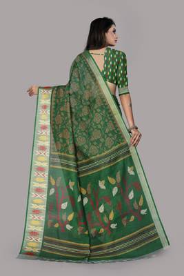 Green printed cotton silk saree with blouse 2