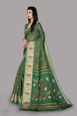 Green printed cotton silk saree with blouse 4