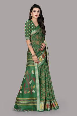 Green printed cotton silk saree with blouse 5