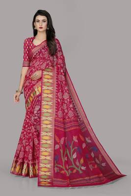 Pink printed cotton silk saree with blouse 1