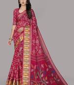 Pink printed cotton silk saree with blouse