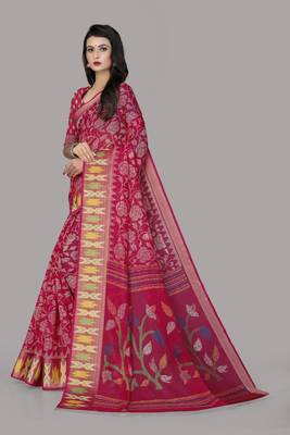 Pink printed cotton silk saree with blouse 4
