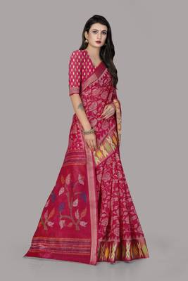 Pink printed cotton silk saree with blouse 5
