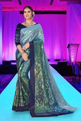 Blue embroidered silk saree with blouse 1