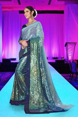 Blue embroidered silk saree with blouse 3