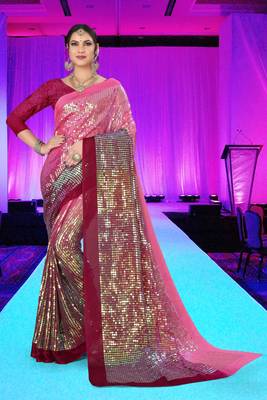 Pink embroidered silk saree with blouse 1