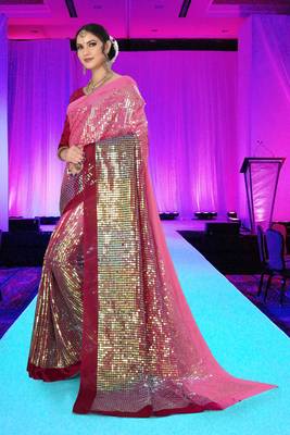 Pink embroidered silk saree with blouse 3